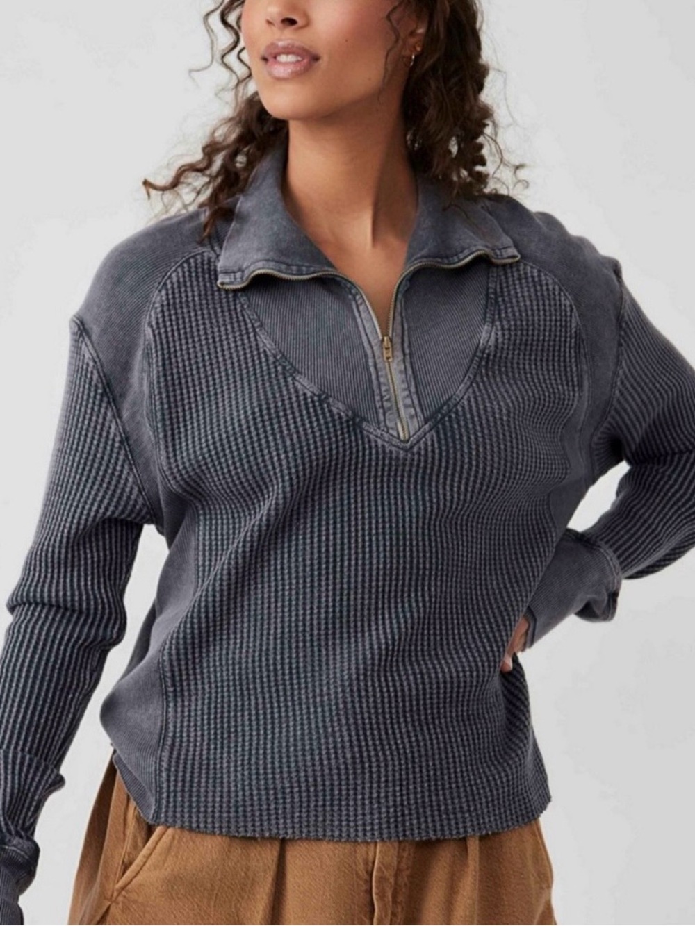 Free People Ashton Zip Thermal Long Sleeve Pullover Size S 100% Cotton